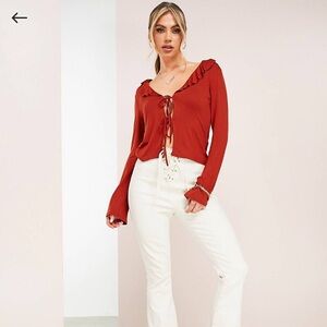ASOS DESIGN long sleeve tie front ruffle top in rust